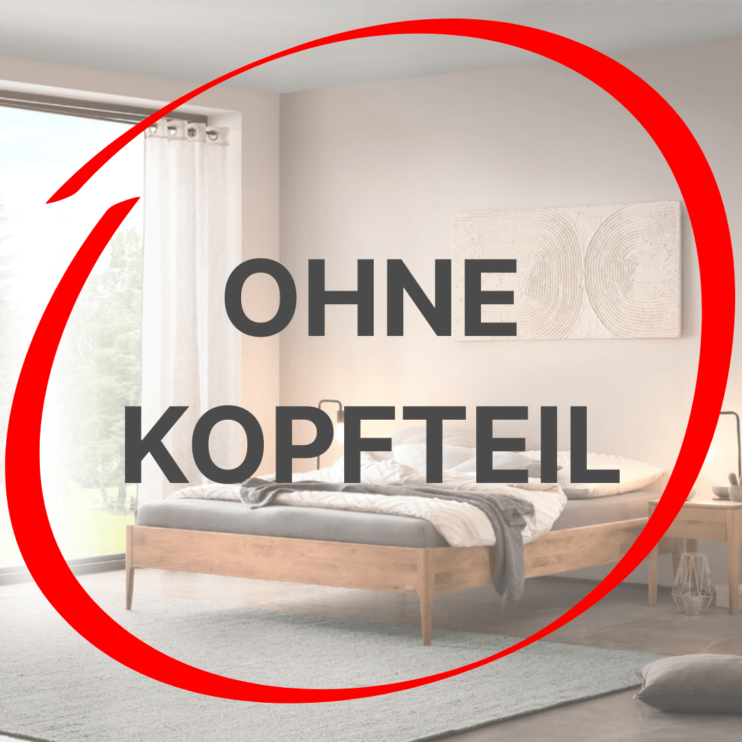 Aufschrift ohne Kopfteil in rotem Kreis und Holzbett im Hintergrund